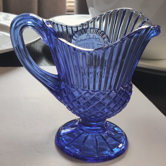 Mt. Vernon Cobalt Blue Pitcher with a honeycomb design & vertical cuts at spout. - Picture 2 of 6